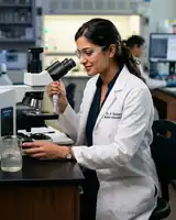 Confident and smiling 25-year-old Indian female science researcher in a laboratory demonstrating an experiment