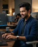Confident and smiling 25-year-old Indian male software engineer working at a sleek office desk with monitors