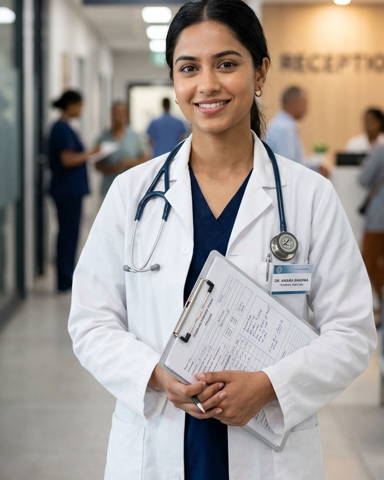 Confident and smiling 25-year-old Indian female doctor wearing a white coat and stethoscope