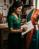 Confident and smiling 25-year-old Indian female fashion designer in a modern creative studio next to a mannequin